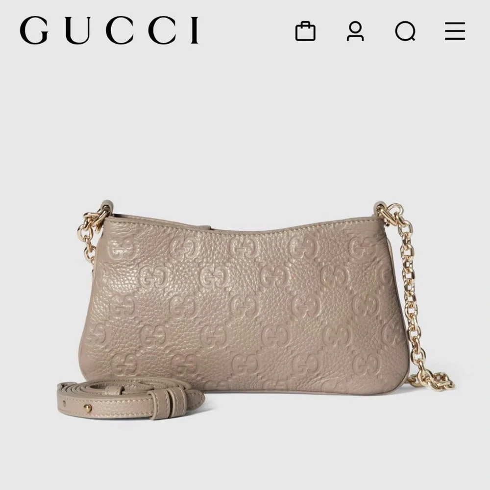 GUCCI GG EMBLEM SMALL LEATHER SHOULDER BAG TAUPE - Picture 7 of 13